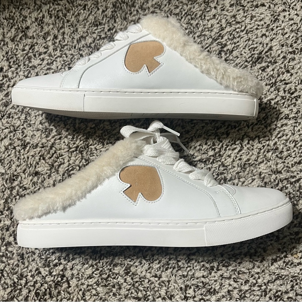 kate spade White Leather Mule Sneakers with Tan Spade Logo and Cream Shearling
